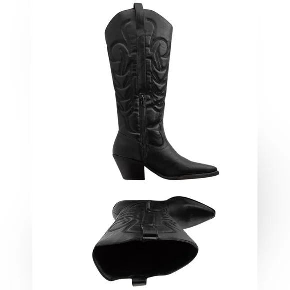 Like NEW Black Western Faux Leather Embroidered Cowboy Boots | Size 10M - Picture 2 of 11